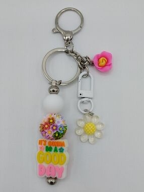 Handcrafted Colorful Motivational Keychain & Bag Charm - Pink & White Floral